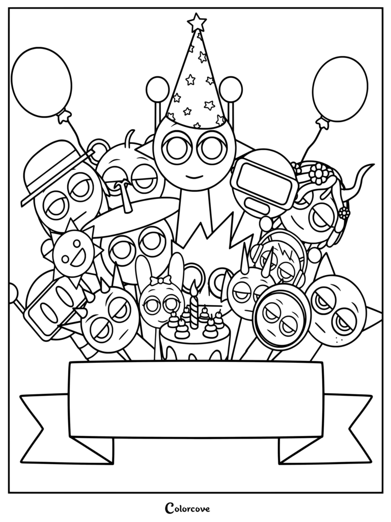 Personajes de Sprunki reunidos alrededor de un pastel de cumpleaños con globos en una página para colorear