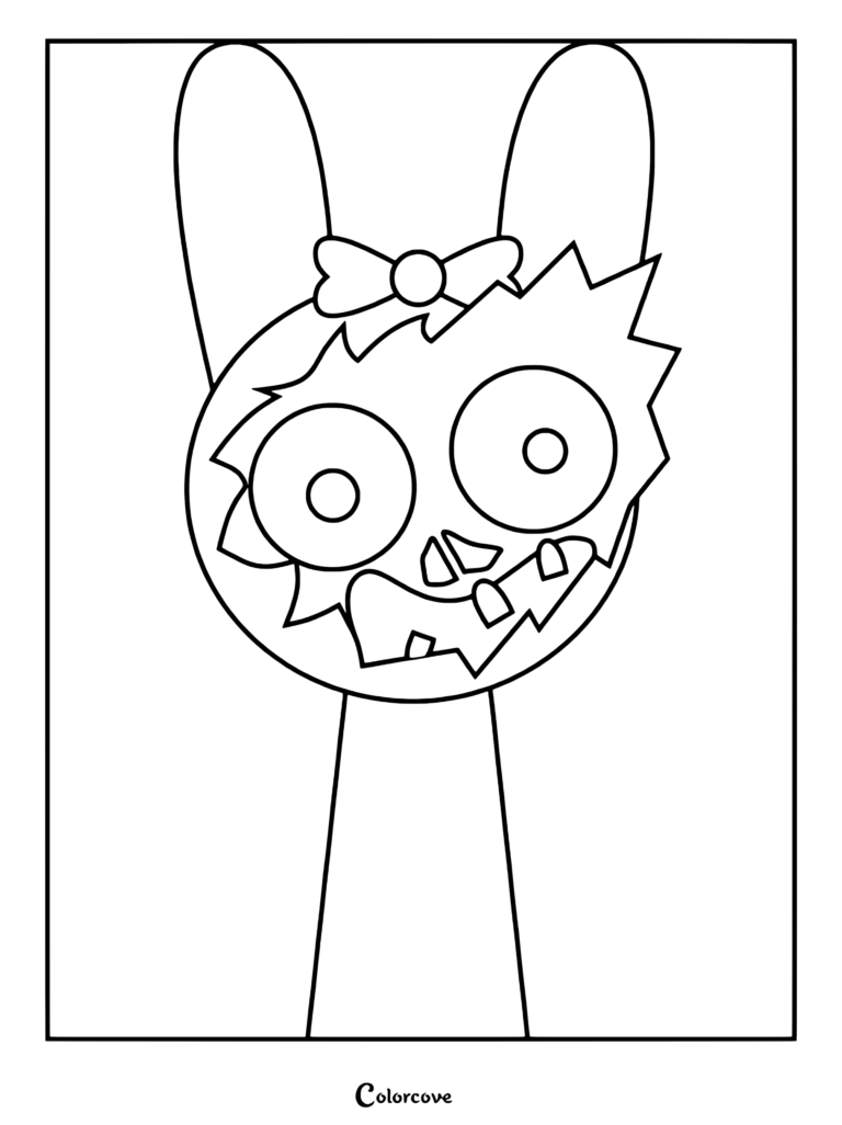 Dibujo para colorear de la versión en Modo horror de Pinki de Sprunki con ojos grandes y saltones, detalles desgarrados e irregulares en la cara y un lazo pequeño.