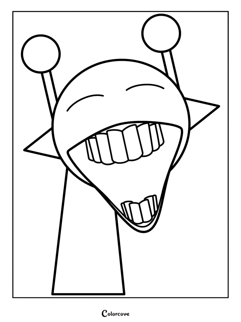 Dibujo para colorear de la versión en Modo horror de Simon con amplia sonrisa mostrando dientes y antenas