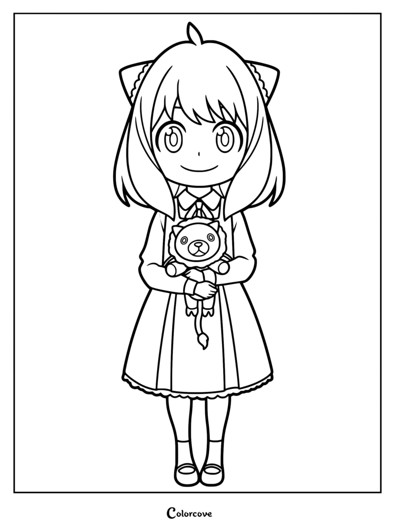 Anya Forger from Spy x Family standing and holding her favorite Chimera plush toy in this printable coloring page.