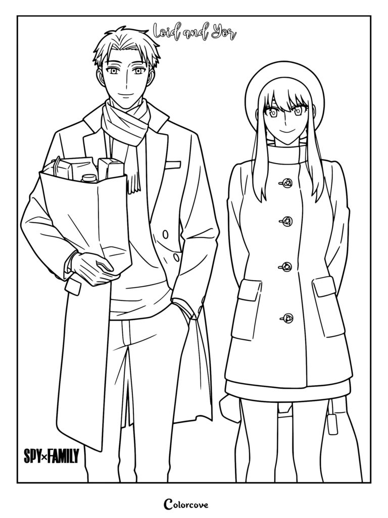 Loid Forger holding a grocery bag and Yor Forger wearing a winter coat in a Spy x Family coloring page.