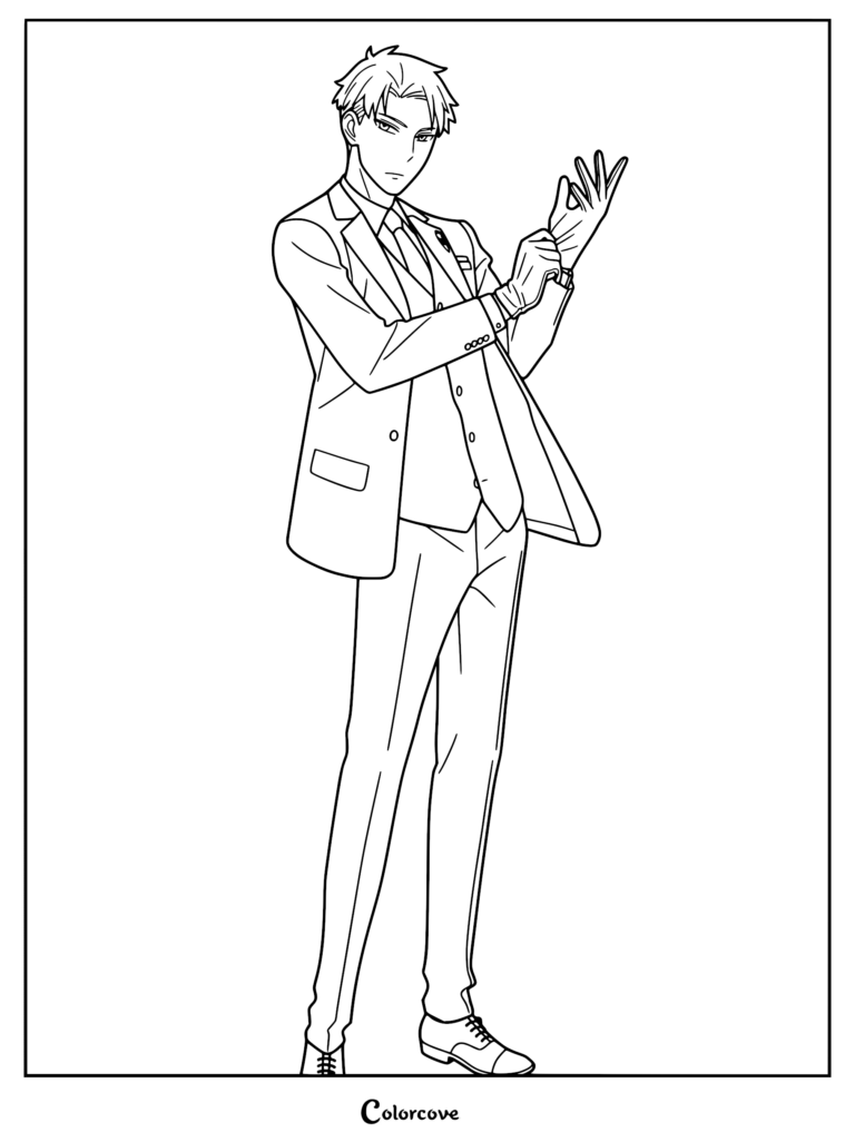 Loid Forger from Spy x Family wearing a sharp three-piece suit and adjusting his gloves in this printable coloring page.