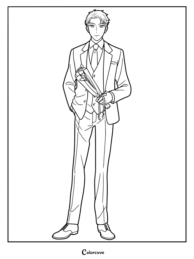 Loid Forger from Spy x Family wearing a formal three-piece suit and holding a bouquet of flowers in this printable coloring page.
