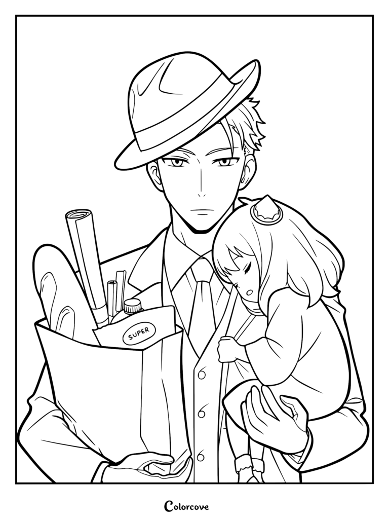 Loid Forger in a suit and hat carrying a grocery bag and holding a sleeping Anya Forger in this Spy x Family coloring page.