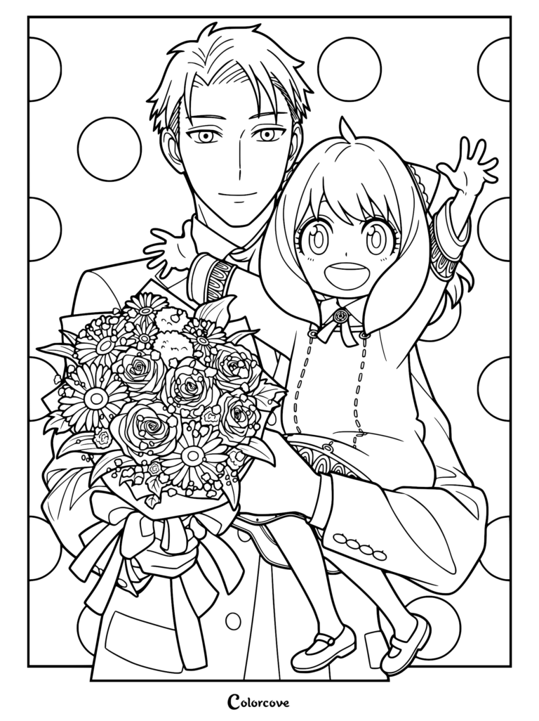 Loid Forger holding Anya Forger in a coloring page, with Anya waving and Loid carrying a large bouquet of flowers.