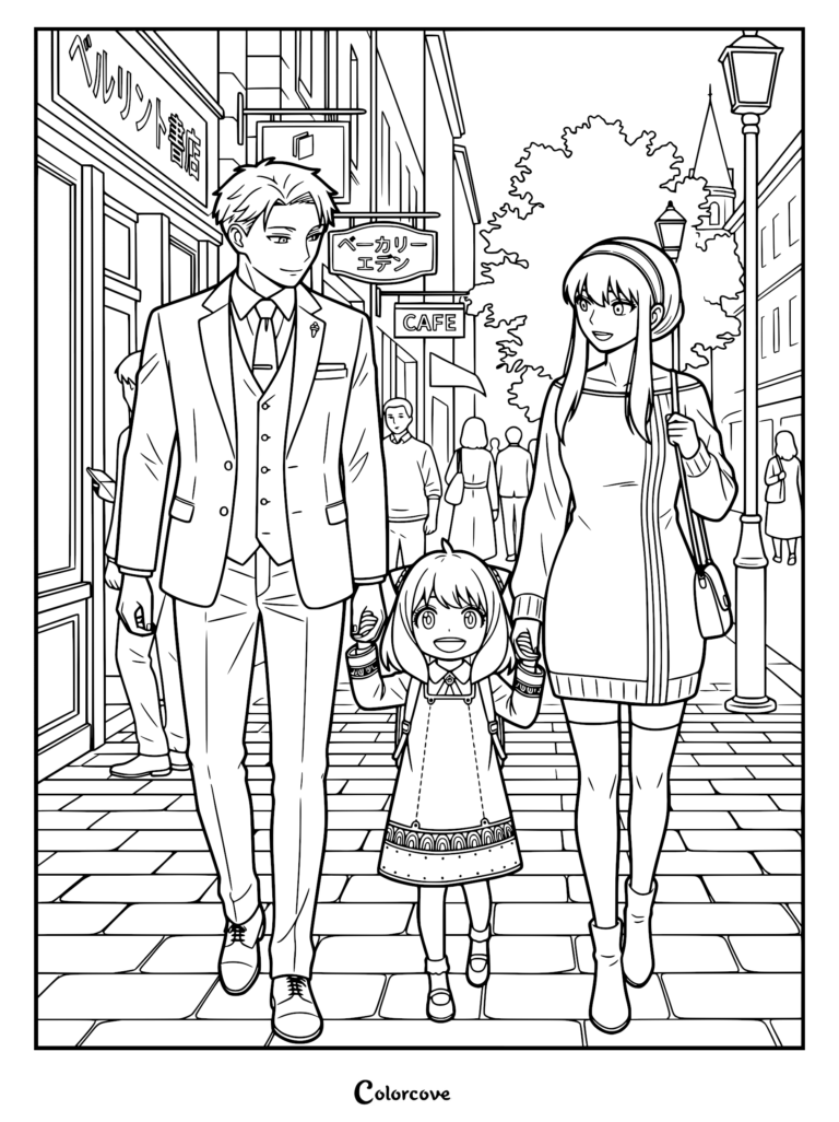Loid Forger, Anya Forger, and Yor Forger walking hand-in-hand down a city street in this Spy x Family coloring page.