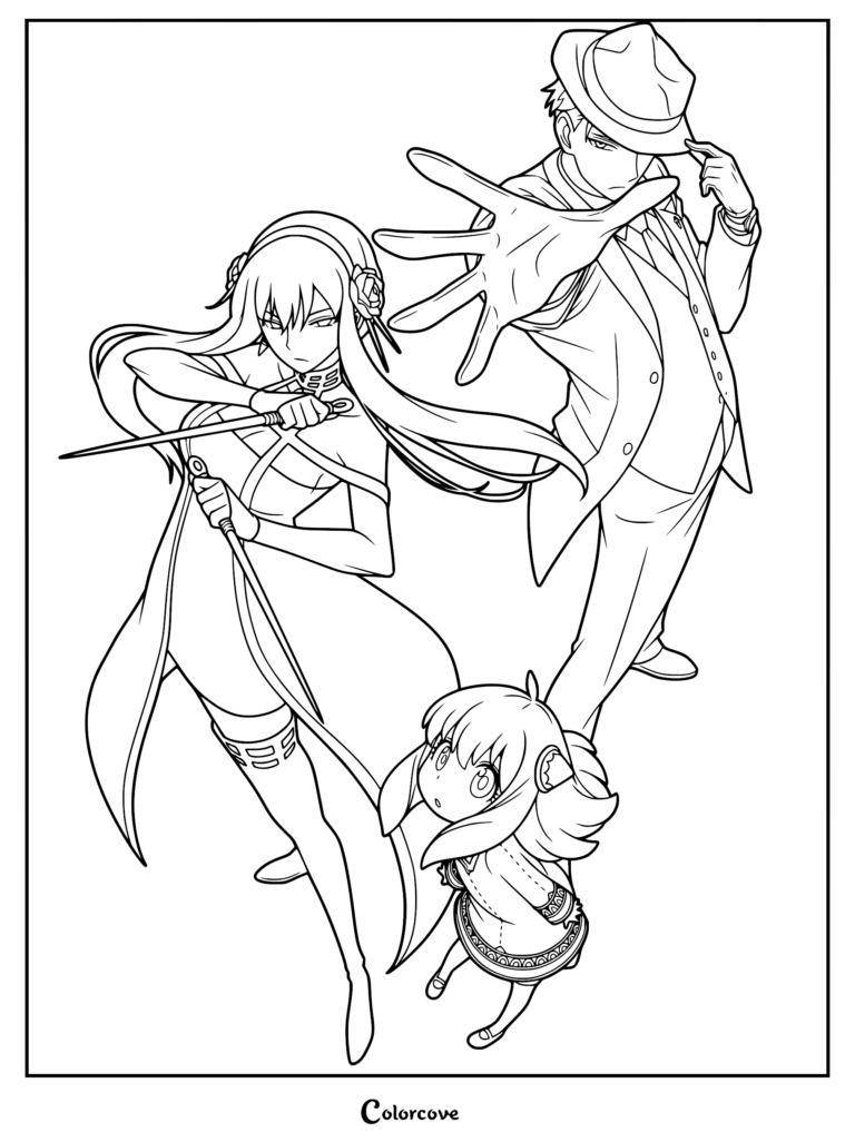 Loid Forger in a suit and hat, Yor Forger holding her stiletto weapons, and Anya Forger standing together in this Spy x Family coloring page.