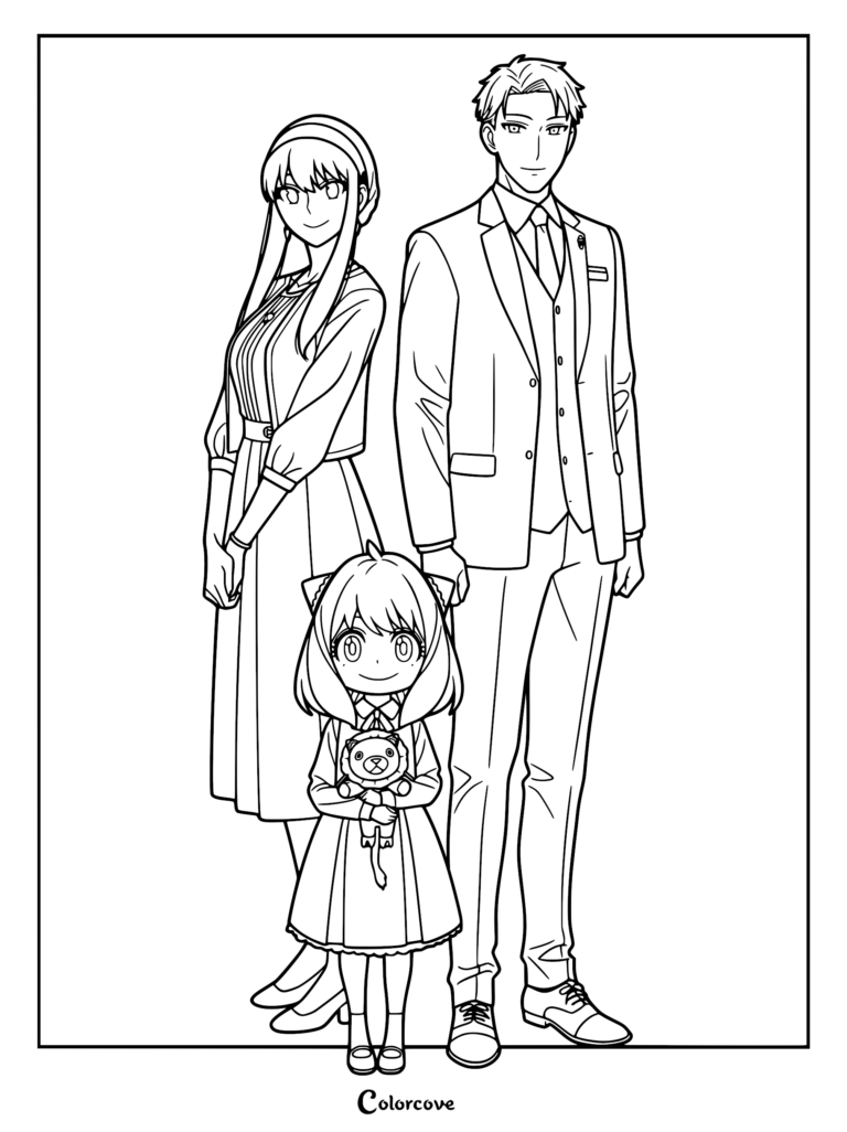 Loid Forger in a suit, Yor Forger in a dress, and Anya Forger holding a Chimera plushie in this Spy x Family coloring page.