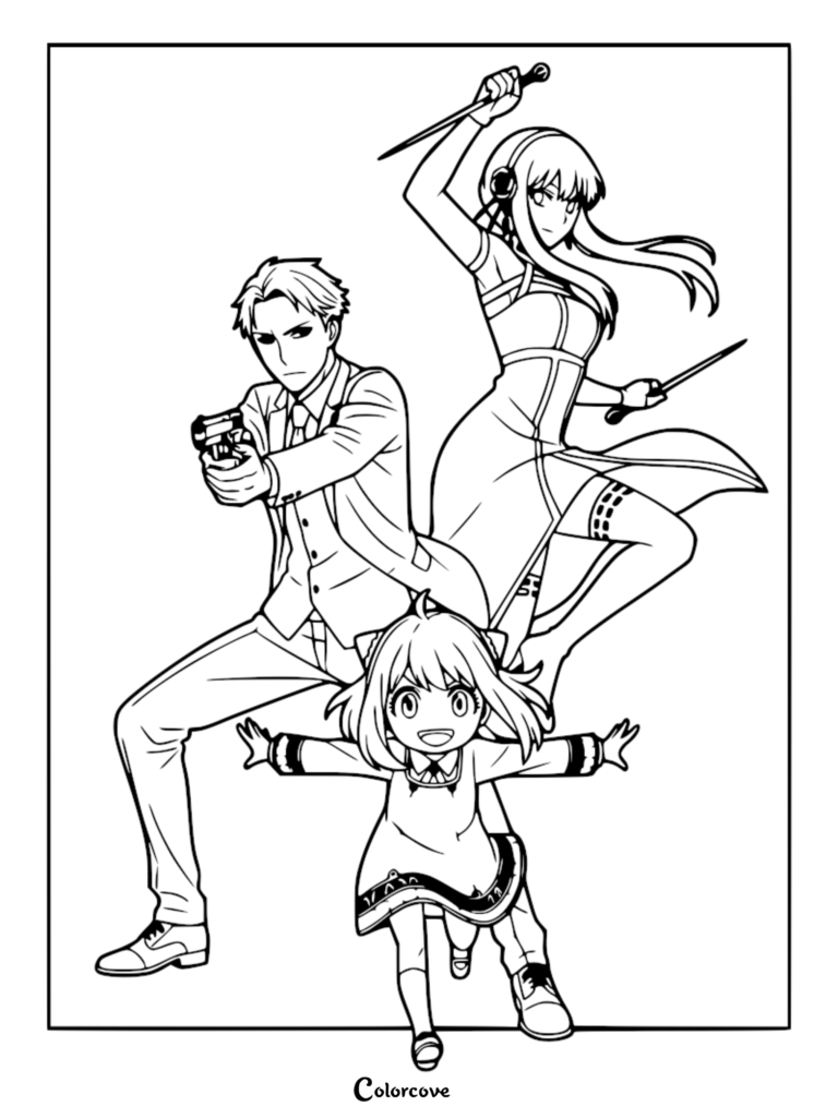 Loid Forger aiming a pistol, Yor Forger wielding dual stilettos, and Anya Forger standing in front in this Spy x Family coloring page.