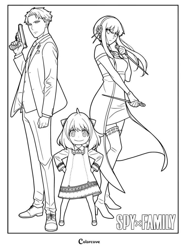 Loid Forger holding a pistol, Yor Forger wielding stilettos, and Anya Forger standing confidently in a Spy x Family coloring page.