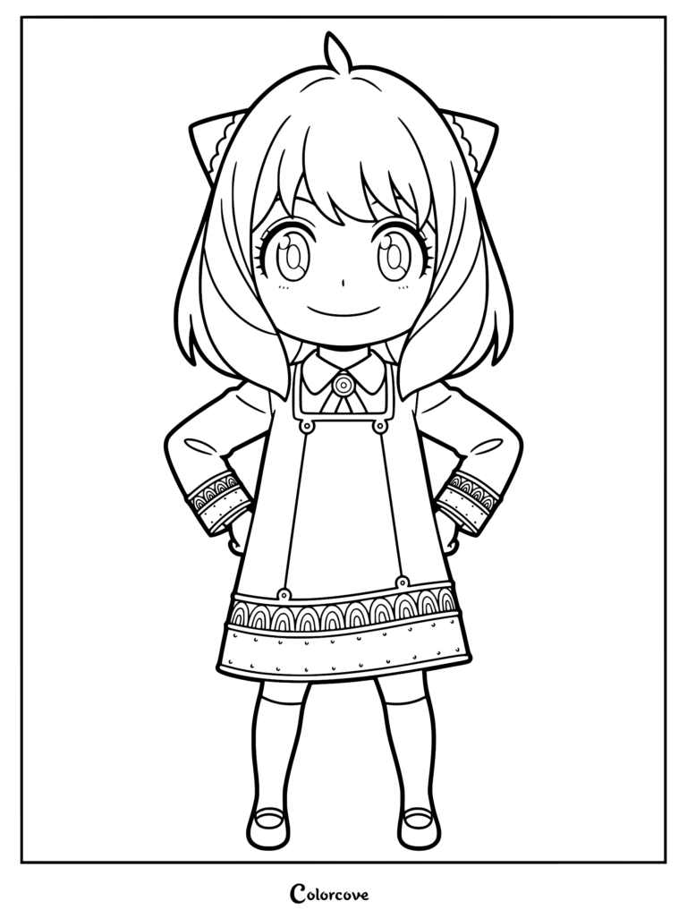Anya Forger from Spy x Family standing with hands on her hips in a printable coloring page format.