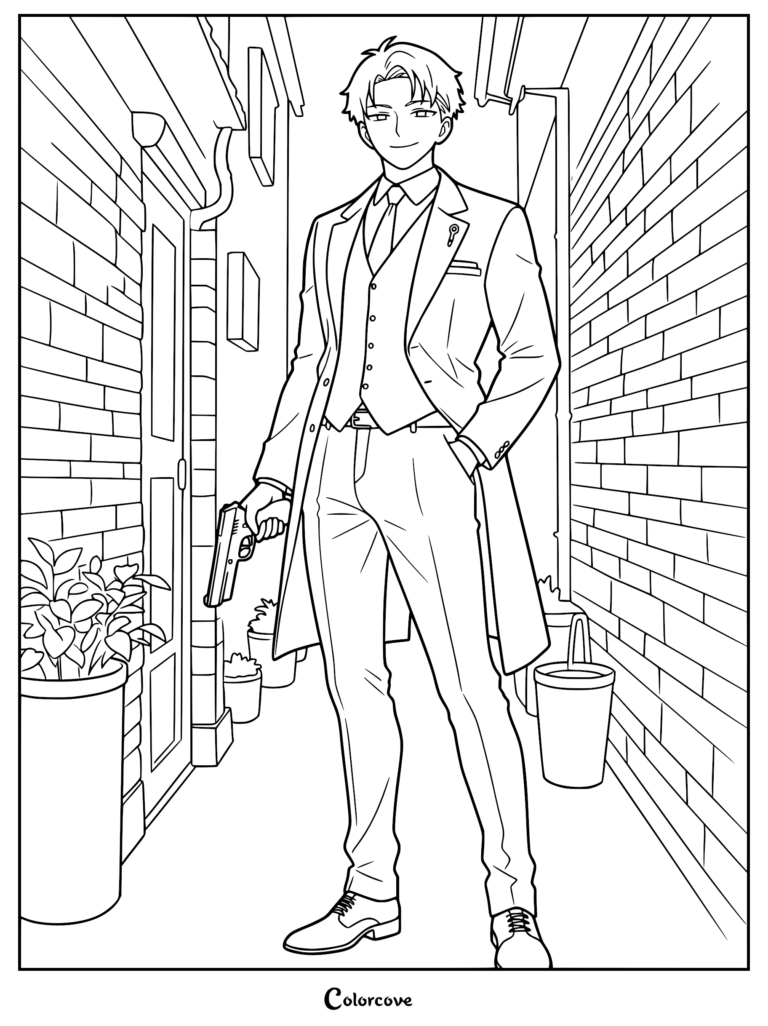 Loid Forger standing in a narrow brick alleyway holding a handgun, featured in a detailed Spy x Family coloring page.