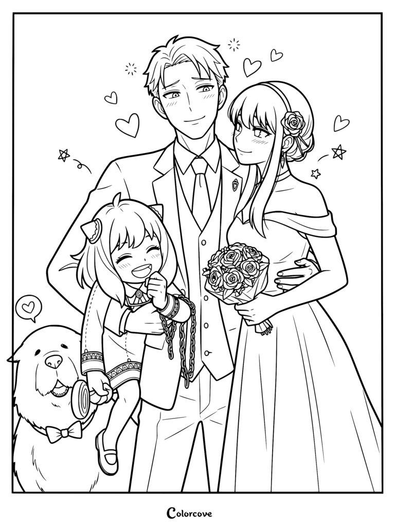 A line art coloring page featuring Loid Forger in a suit, Yor Forger in a wedding dress holding a bouquet, Anya Forger laughing, and Bond Forger wearing a bow tie.
