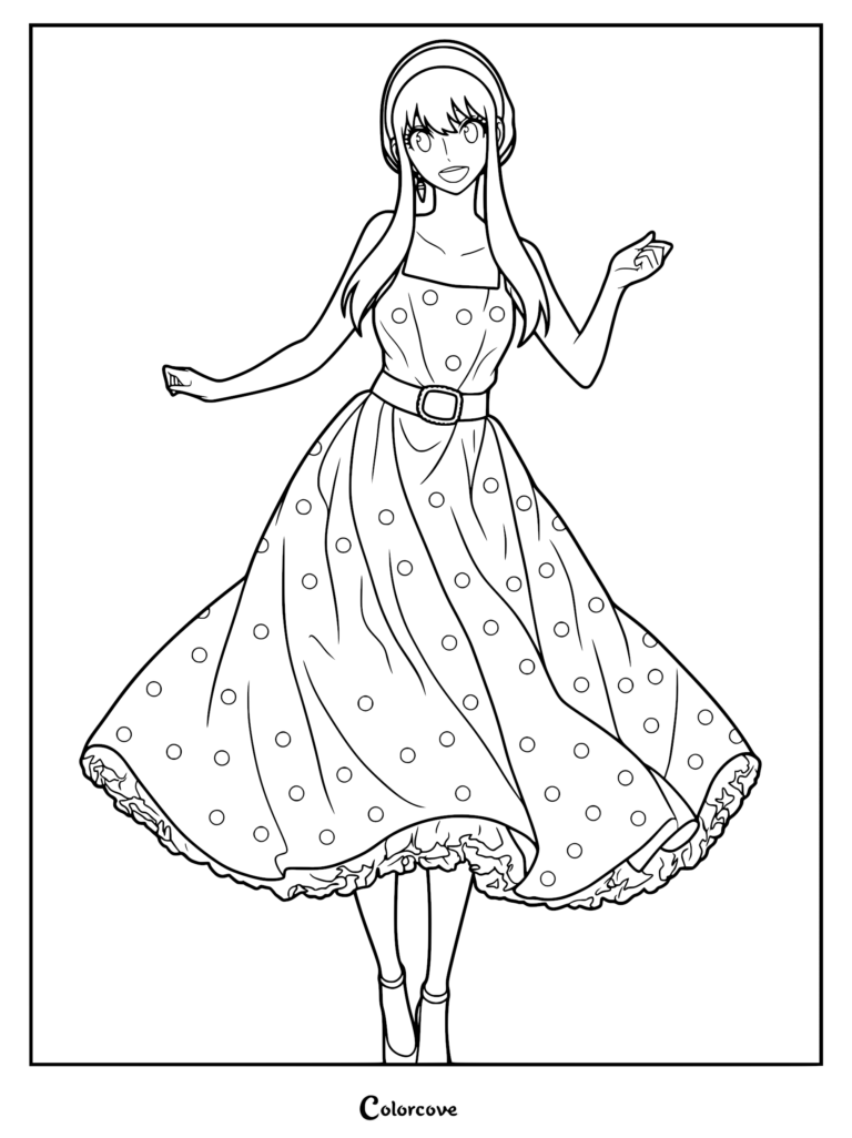 Yor Forger wearing a polka dot dress and headband in this printable coloring page.