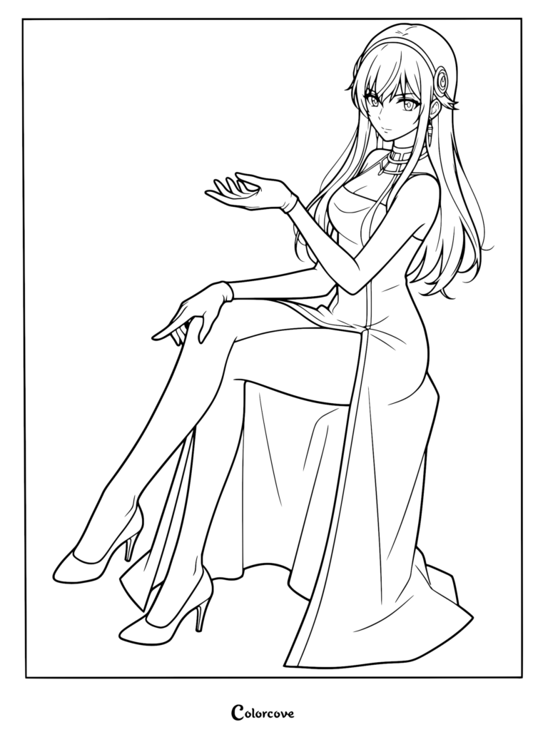 A printable coloring page featuring Yor Forger from Spy x Family sitting gracefully in a long, elegant gown with her hand extended.
