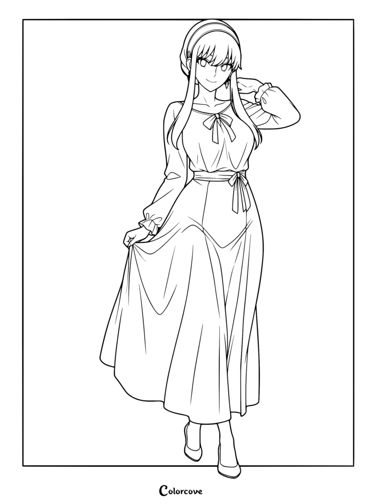 Yor Forger wearing a long flowing dress with a headband, shown in a printable line art coloring page style.