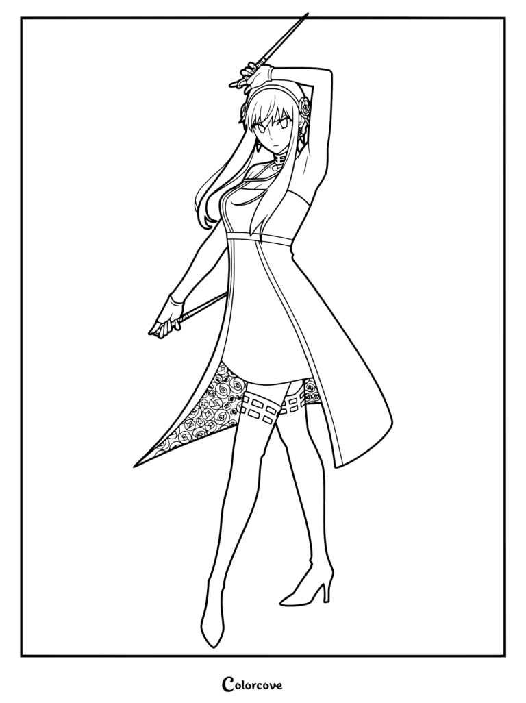 Yor Forger as the Thorn Princess in her signature assassin dress holding two stilettos in this detailed line art coloring page.