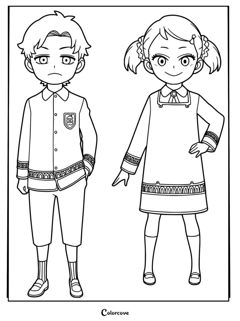Damian Desmond and Becky Blackbell standing side by side in their Eden Academy uniforms in this printable Spy x Family coloring page.