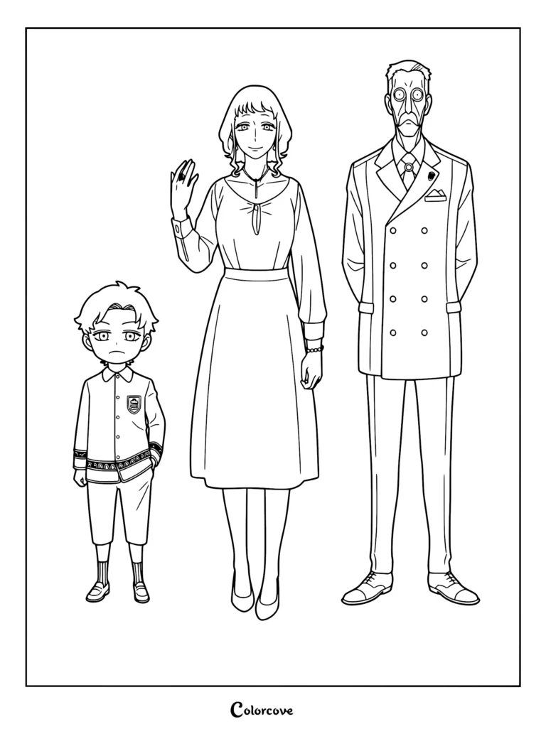 A line art coloring page featuring Damian Desmond standing next to his mother Melinda Desmond and his father Donovan Desmond.