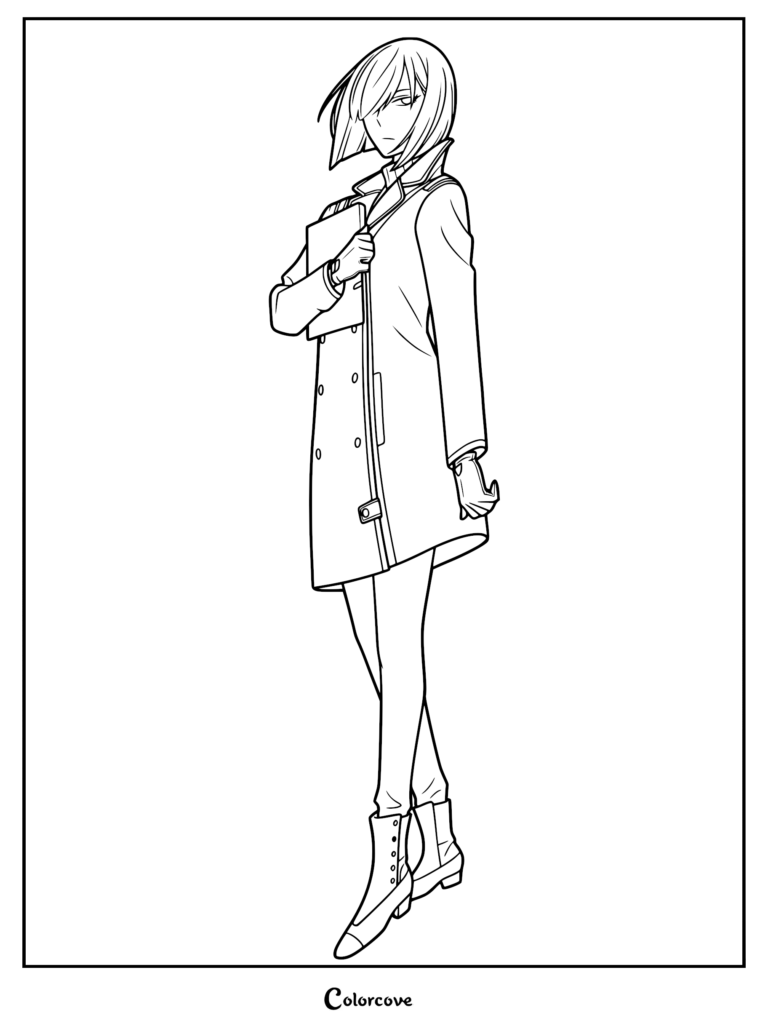 Fiona Frost from Spy x Family standing in a professional pose wearing a trench coat and holding a folder, line art coloring page.