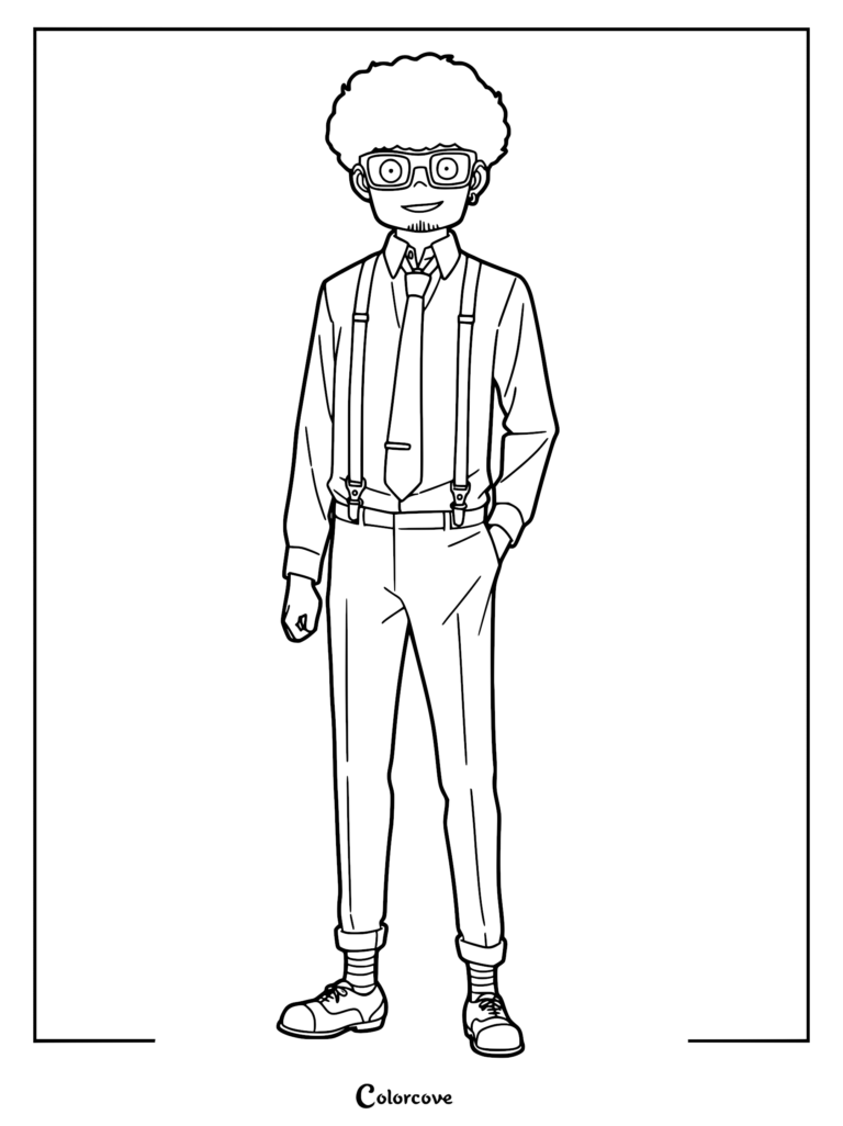 A line art coloring page of Franky Franklin from Spy x Family, standing in his signature outfit with glasses, suspenders, and curly hair.
