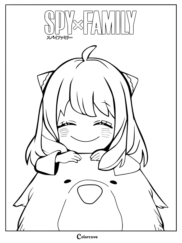 Anya Forger smiling happily while hugging Bond Forger in this printable Spy x Family coloring page.