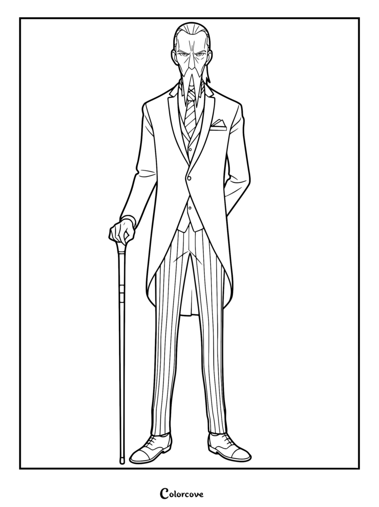 A printable coloring page featuring Henry Henderson from Spy x Family, standing tall in his elegant suit and holding a walking cane.