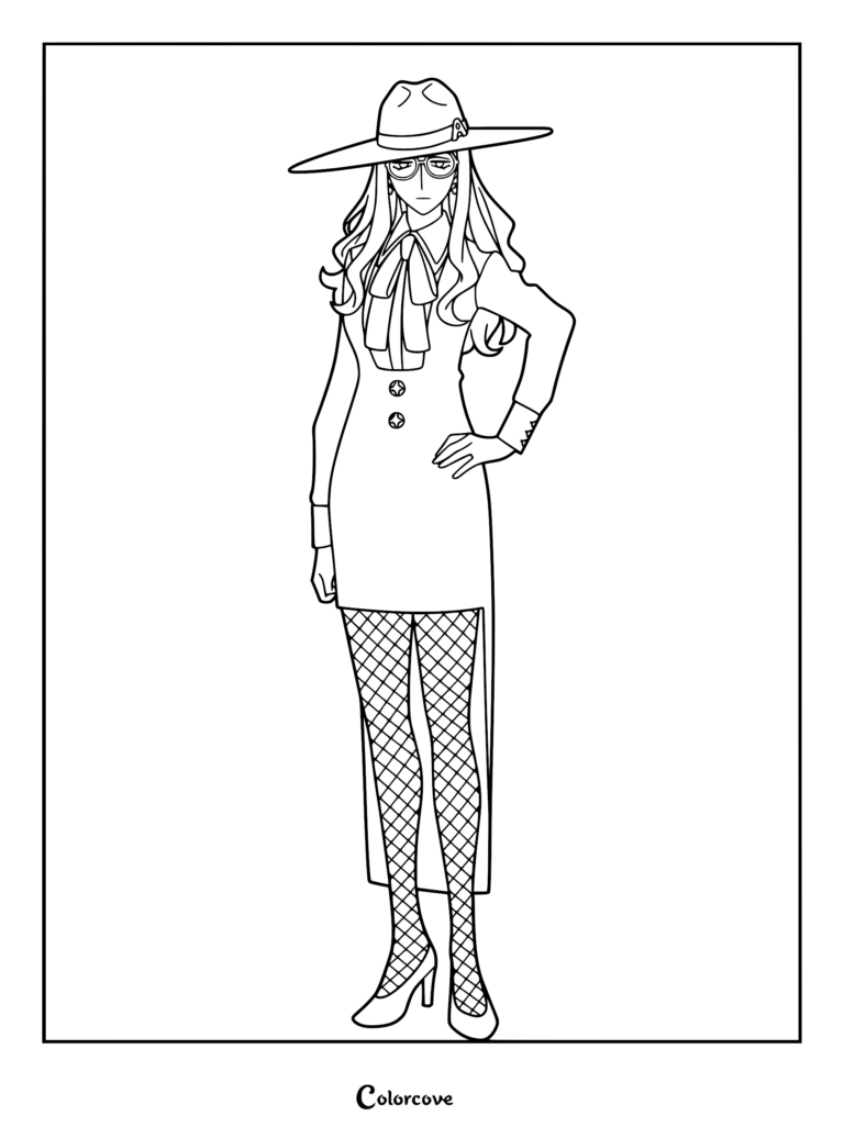 Sylvia Sherwood from Spy x Family wearing a wide-brimmed hat, glasses, and fishnet stockings in this printable coloring page.