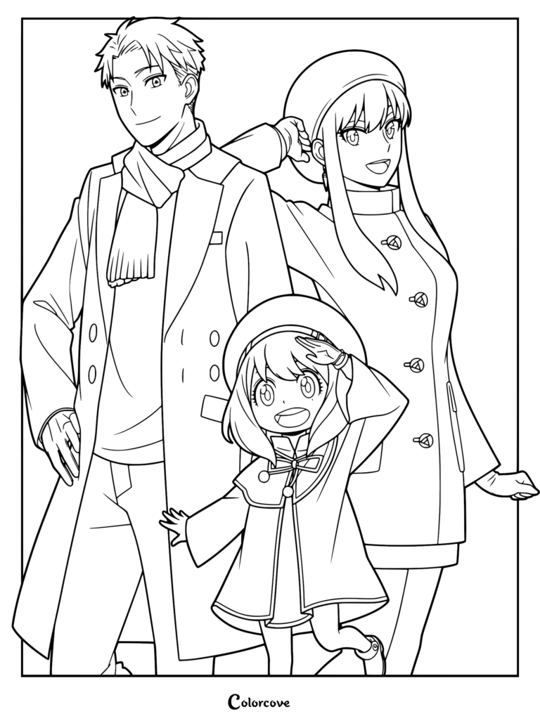 Loid, Yor, and Anya Forger posing together in winter attire.