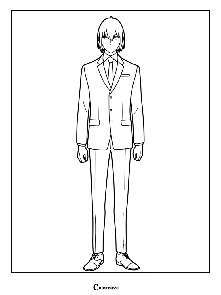 A clean line art coloring page of Yuri Briar from Spy x Family standing in his formal suit and tie.