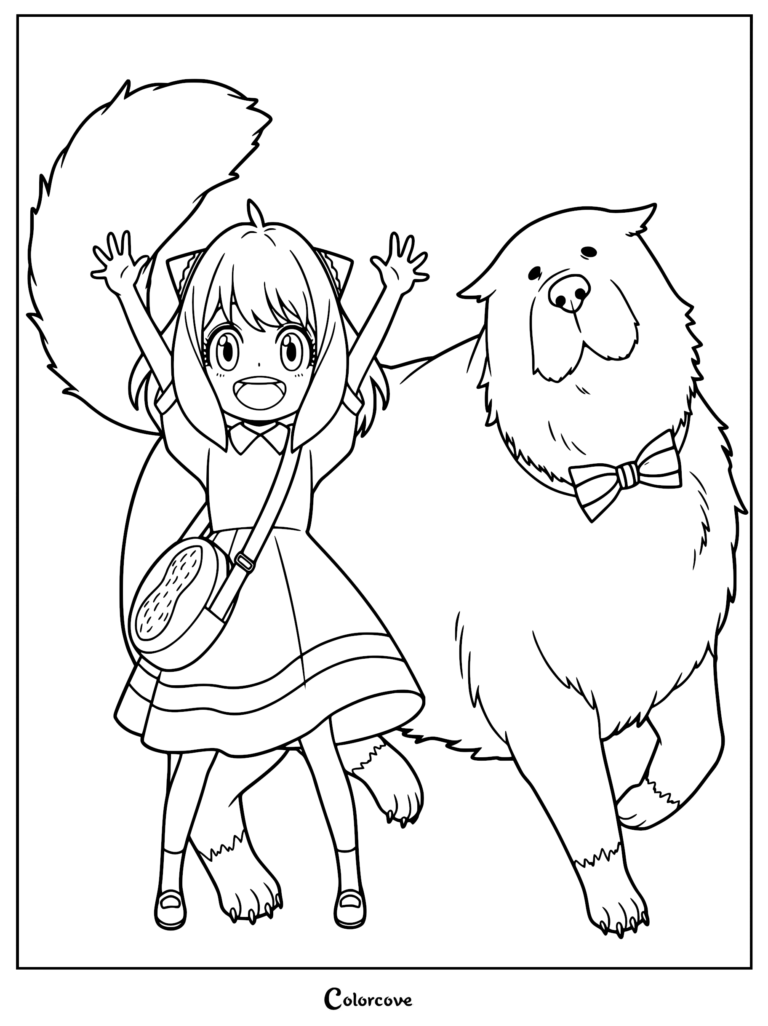 Anya Forger with her arms raised in excitement next to Bond the dog wearing a bowtie in this Spy x Family coloring page.