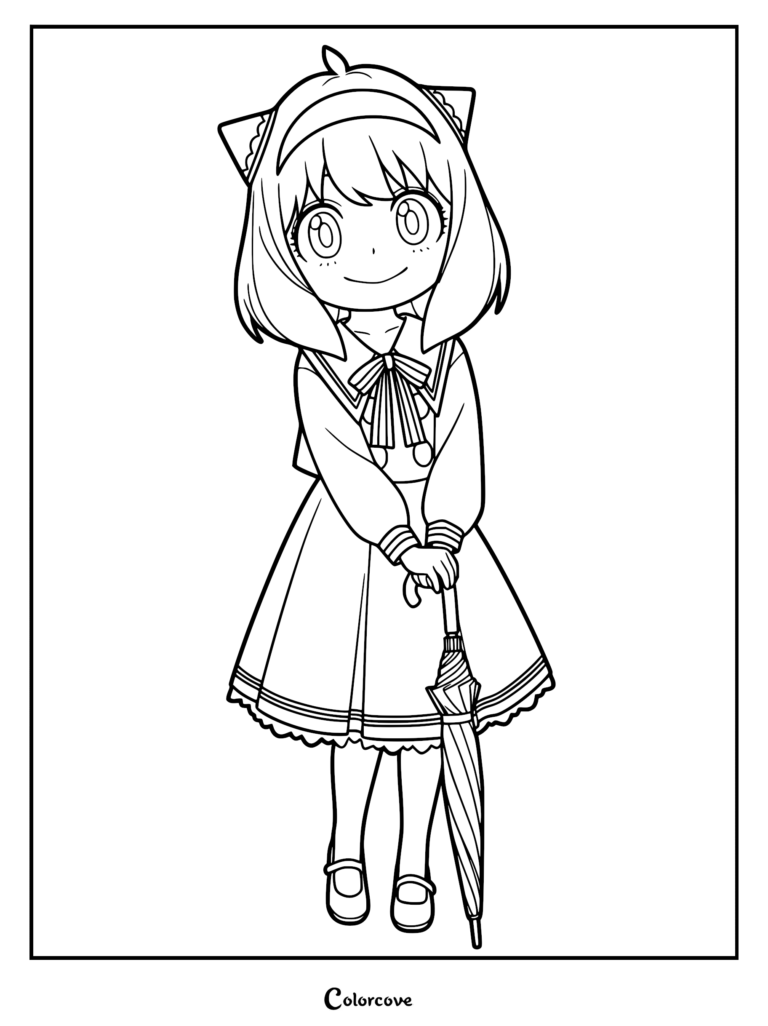 Anya Forger from Spy x Family wearing her Eden Academy uniform and holding a closed umbrella in this printable coloring page.