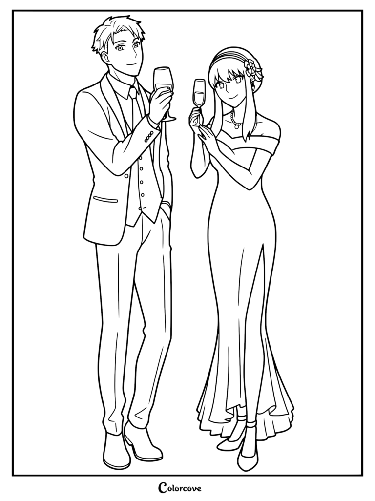 Loid Forger in a suit and Yor Forger in an elegant evening gown holding wine glasses for a toast in this Spy x Family coloring page.