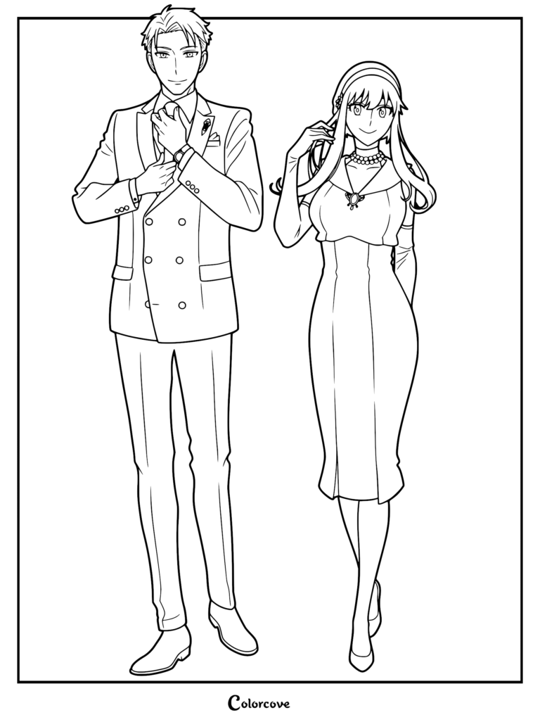 Loid Forger adjusting his tie in a suit next to Yor Forger in an elegant dress, a printable Spy x Family coloring page.