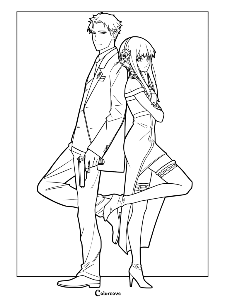 Loid Forger in a suit holding a pistol and Yor Forger in her Thorn Princess dress standing back-to-back in this Spy x Family coloring page.