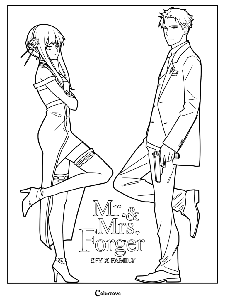 Loid Forger holding a pistol and Yor Forger in her Thorn Princess dress standing back to back in this Spy x Family coloring page.