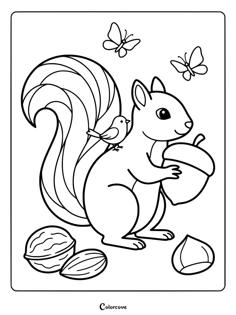 A cute squirrel in a forest sitting next to a pile of acorns with large oak leaves around it in this printable coloring page.