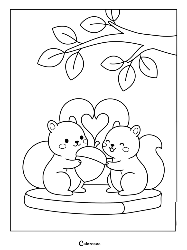 Two cute squirrels holding a large acorn together under a tree branch with tails forming a heart shape in this printable coloring page.