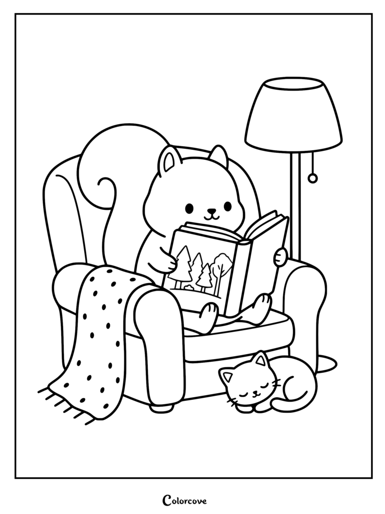 A cute squirrel sitting in an armchair reading a book with a sleeping cat nearby, coloring page style line art.