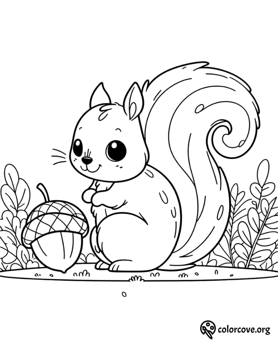 a black and white drawing of a squirrel with a nut