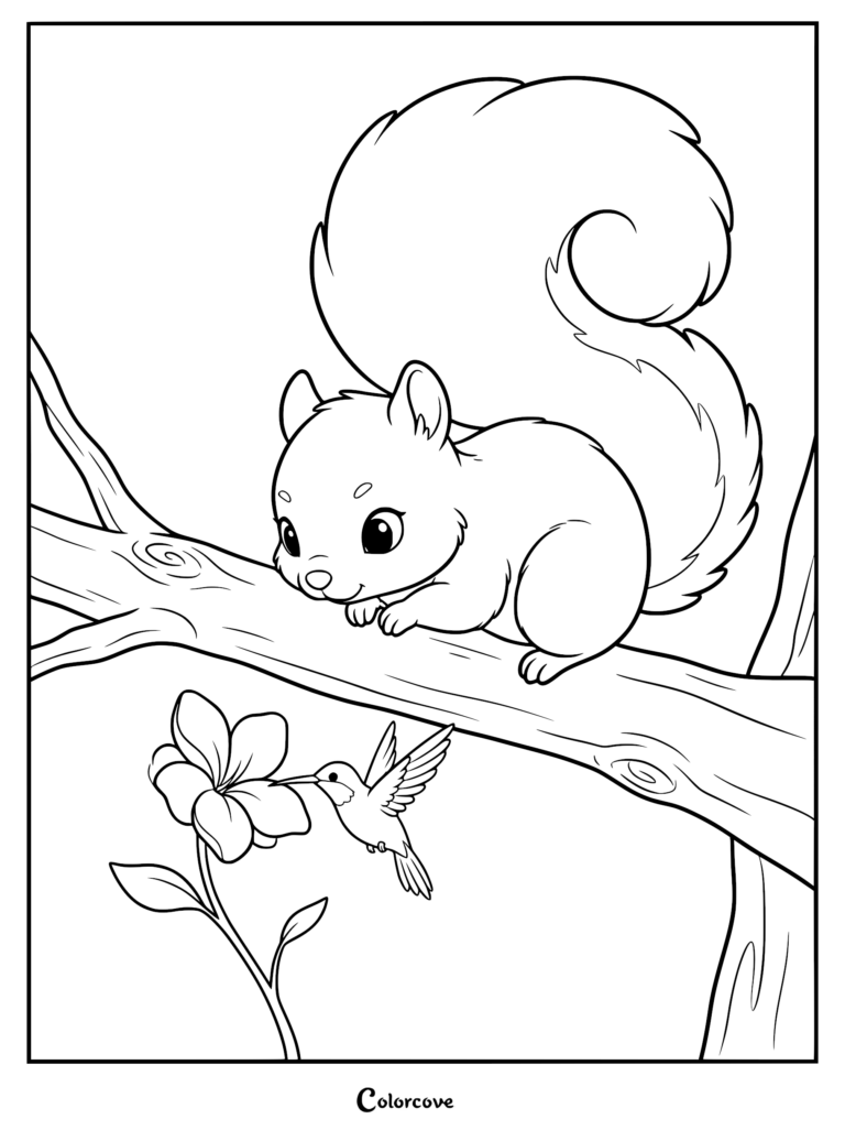 A cute squirrel perched on a tree branch watching a hummingbird drink nectar from a flower in this printable coloring page.