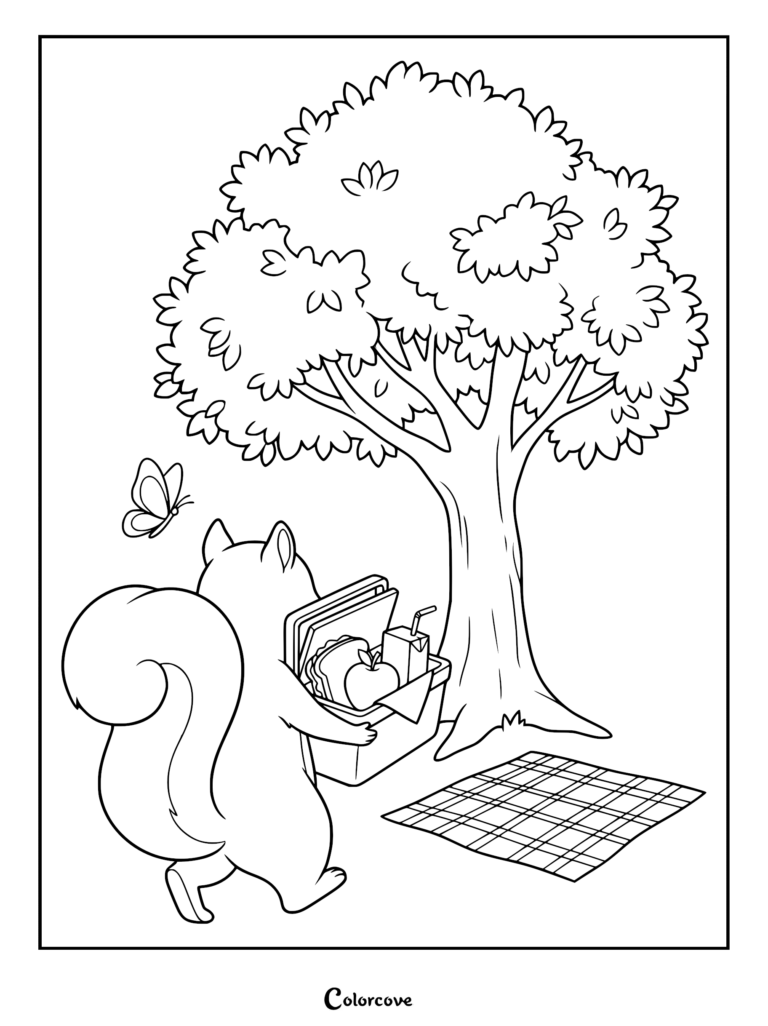 A squirrel carrying a picnic basket toward a tree on this printable coloring page.