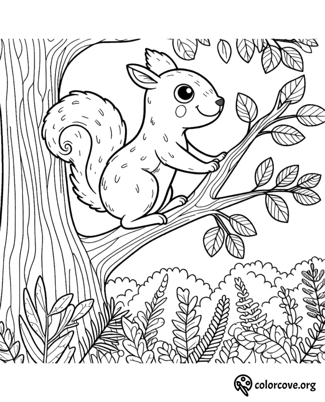 a black and white drawing of a squirrel on a tree branch