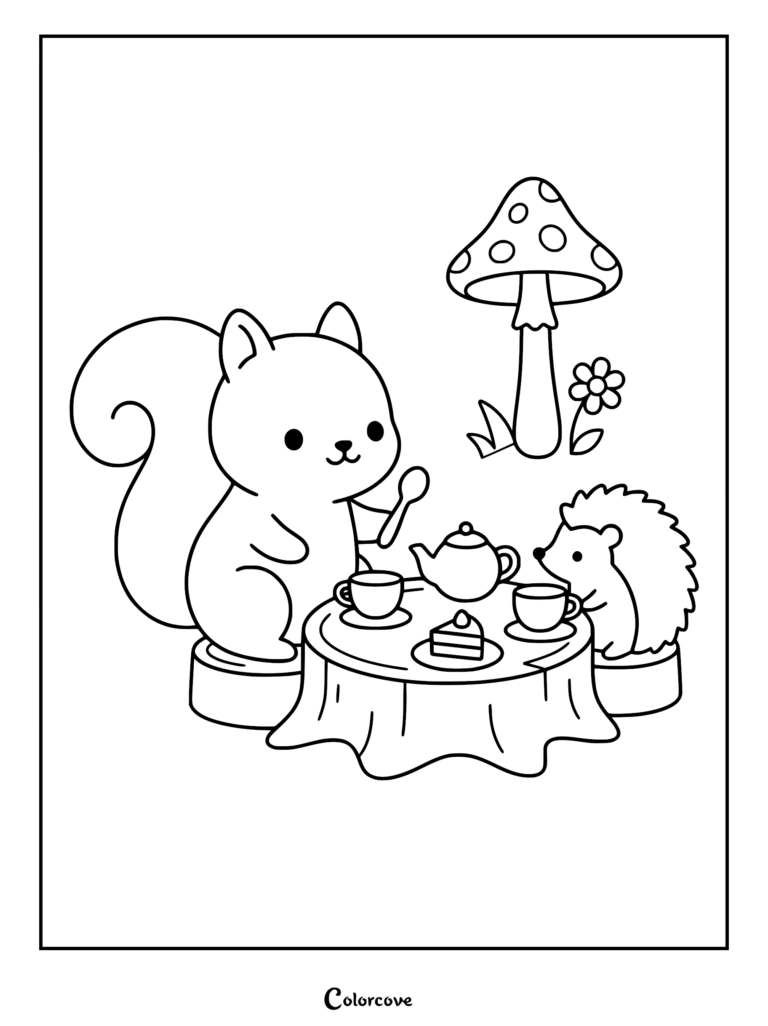 A cute squirrel and hedgehog sitting at a small table with tea and cake, coloring page style line art.