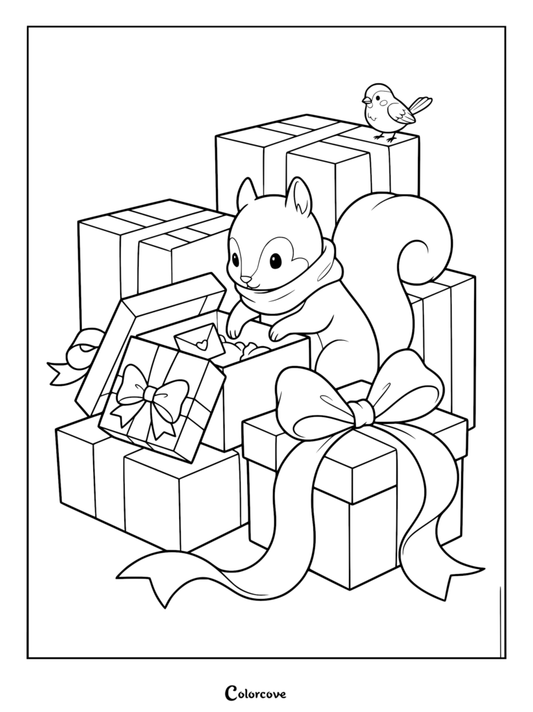 A cute squirrel wearing a scarf opening a gift box surrounded by presents with a small bird perched on top in this printable coloring page.