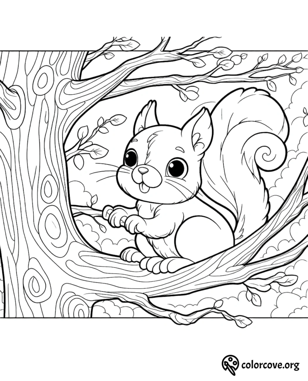 a black and white drawing of a squirrel on a tree branch