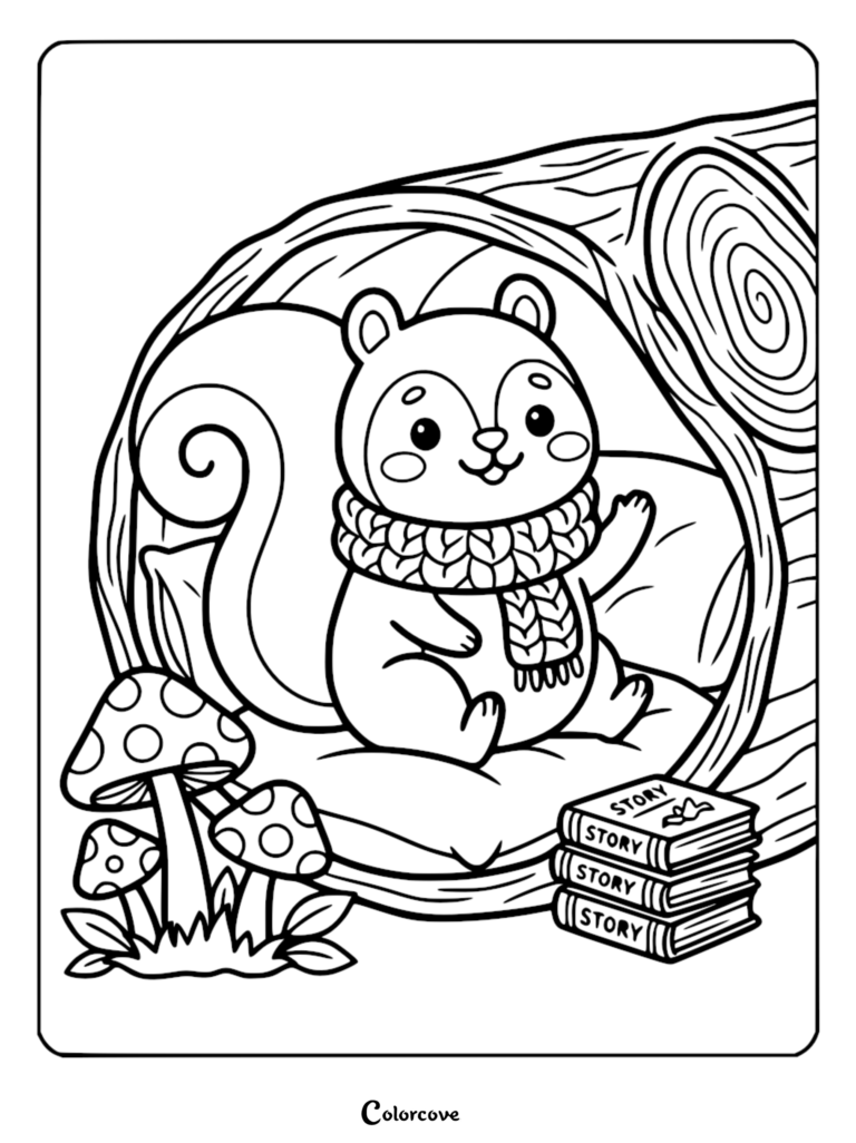 A cute squirrel wearing a knit scarf sitting on a pillow inside a hollow log with a stack of storybooks and mushrooms, coloring page.