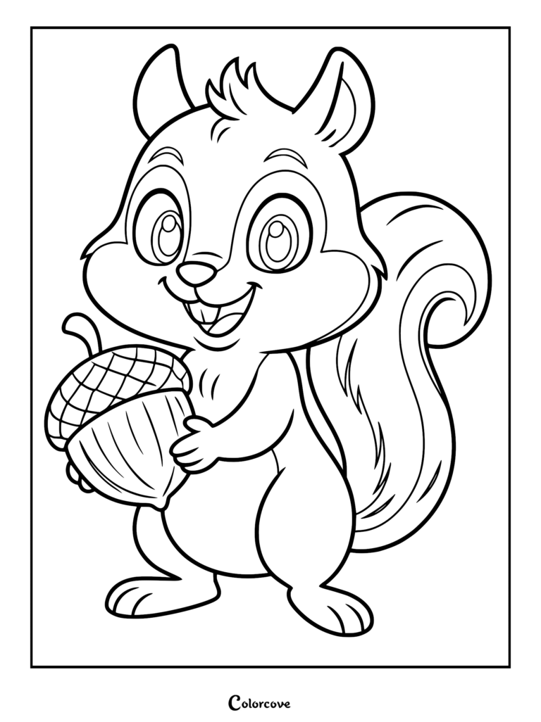 A happy cartoon squirrel holding a large acorn in this printable coloring page.