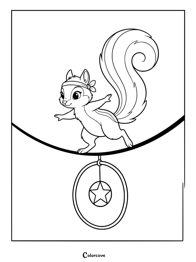 A cute squirrel wearing a headband balancing on a wire above a hanging star hoop coloring page.