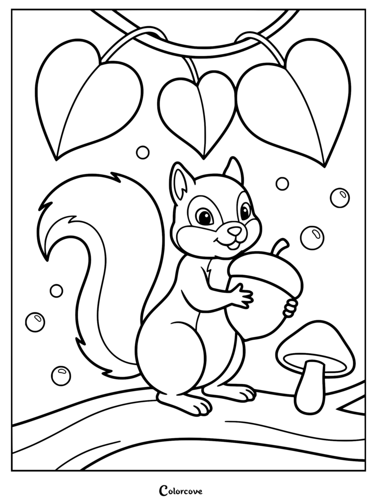 A cute squirrel holding a large acorn on a tree branch with leaves and a mushroom in this printable coloring page.